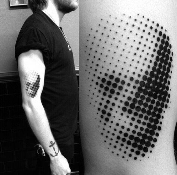 Gentleman With Small Unique Skull Dotwork Tattoo On Arm