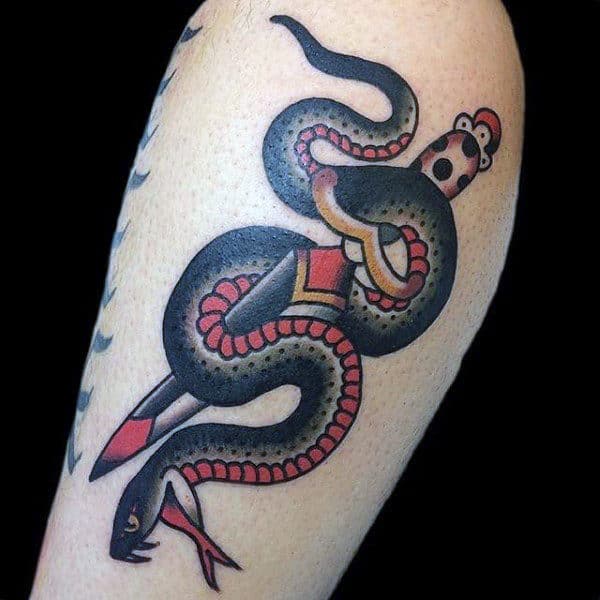 Gentleman With Snake Dagger Traditional Tattoo On Arm