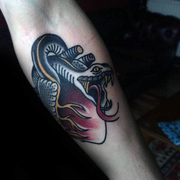 Gentleman With Snake Heart Traditional Inner Forearm Tattoo