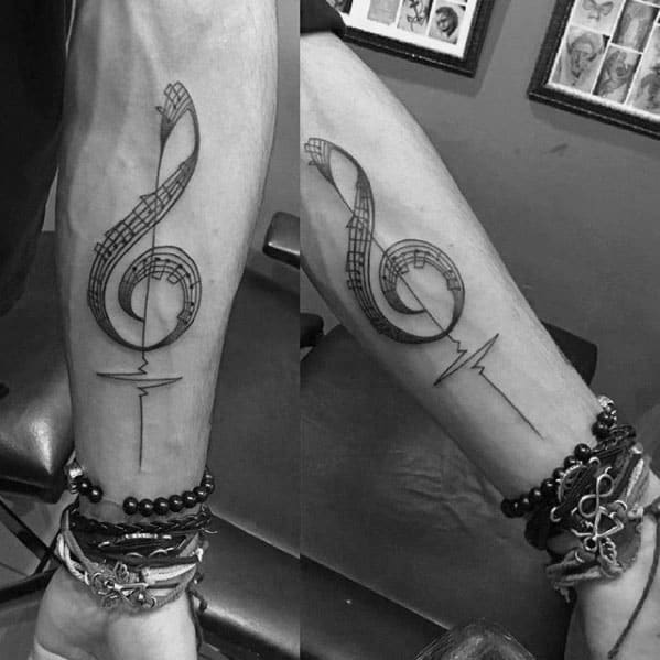 Gentleman With Soundwave Music Note Music Staff Tattoo On Inner Forearm