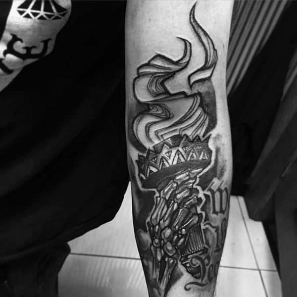 Gentleman With Statue Of Libery Themed Torch Skeleton Hand Inenr Forearm Tattoos