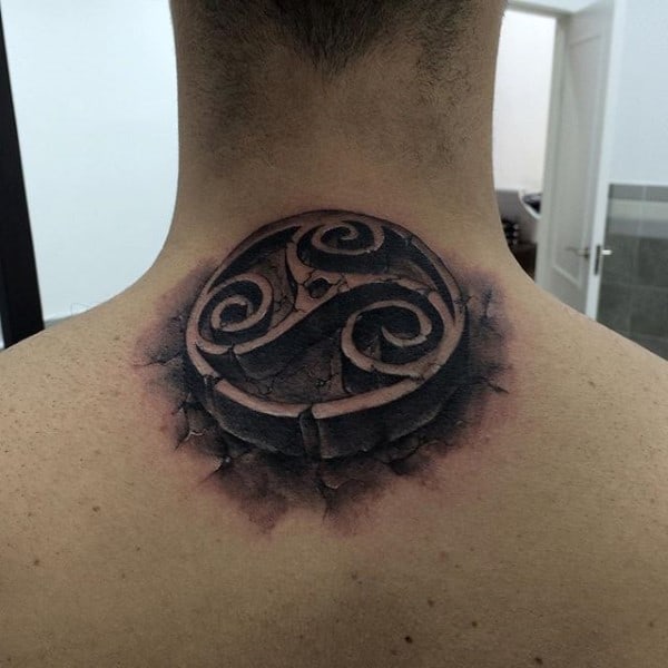 Gentleman With Stone Spiral Symbol Upper Back Tattoo