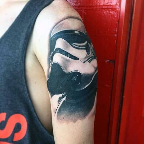 Gentleman With Stormtrooper Shaded Tattoo On Upper Arm