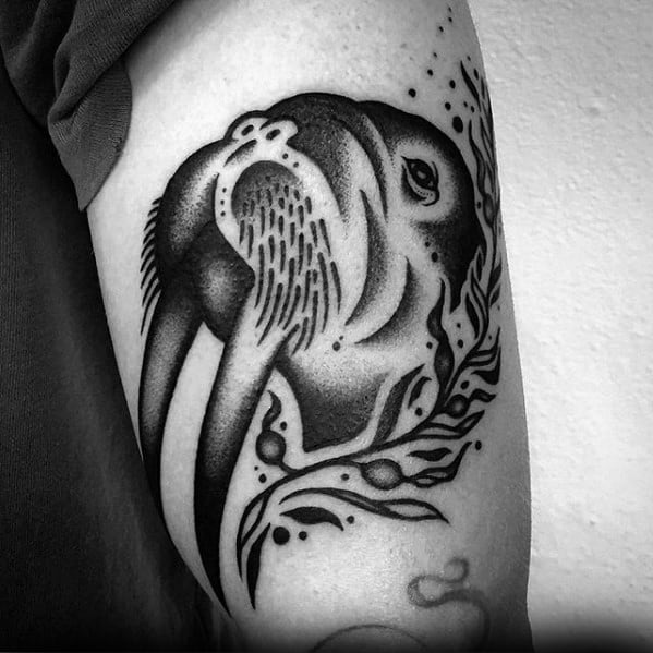 Gentleman With Thigh Old School Traditional Black And Grey Walrus Tattoo
