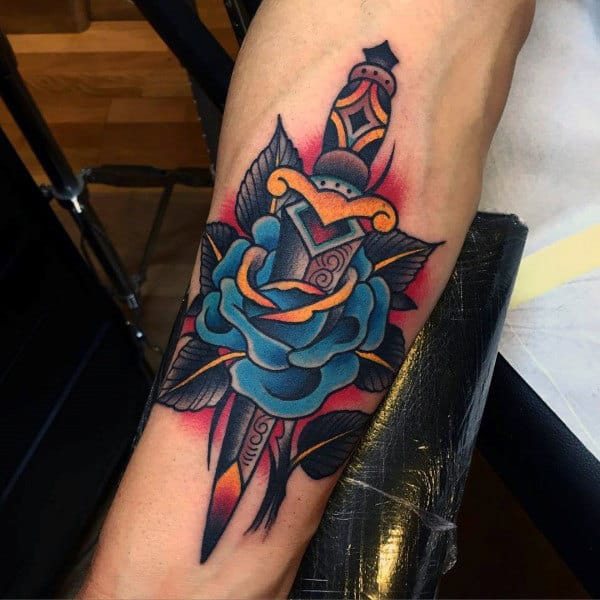 Gentleman With Traditional Dagger Blue Ink Rose Inner Forearm Tattoo