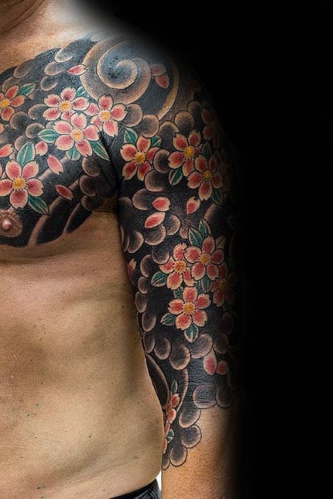 Gentleman With Traditional Half Sleeve Japanese Flower And Wind Tattoo