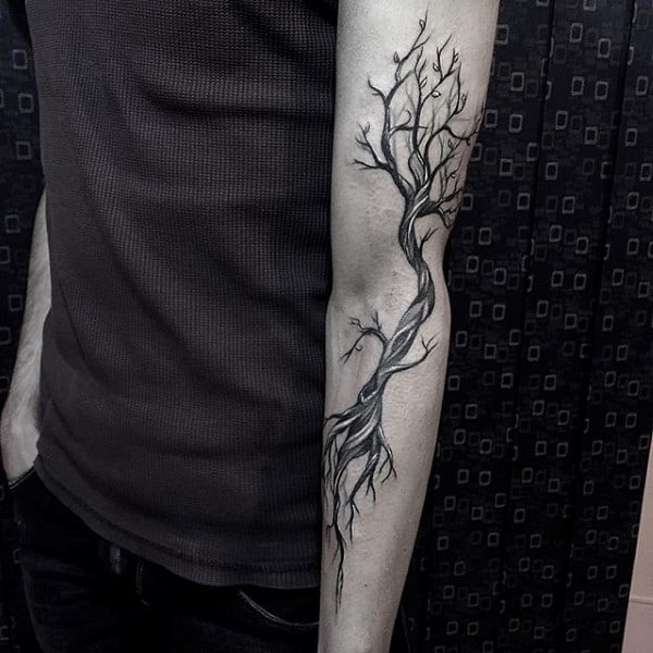 Gentleman With Tree Winding Tree Branches Forearm Tattoo