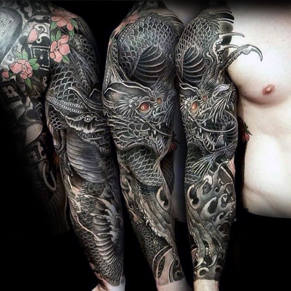 Gentleman With Unique Dragon Full Sleeve Tattoo