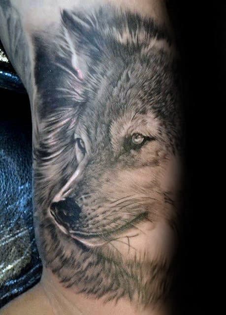Gentleman With Unique Shaded Realistic Inner Arm Bicep Wolf Tattoo