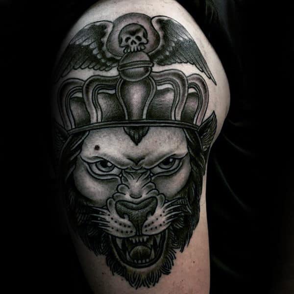 Gentleman With Upper Arm Shaded Lion With Crown Tattoo Design