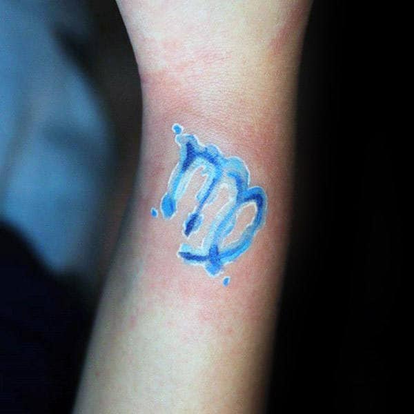 Gentleman With Watercolor Blue And White Ink Virgo Forearm Tattoo