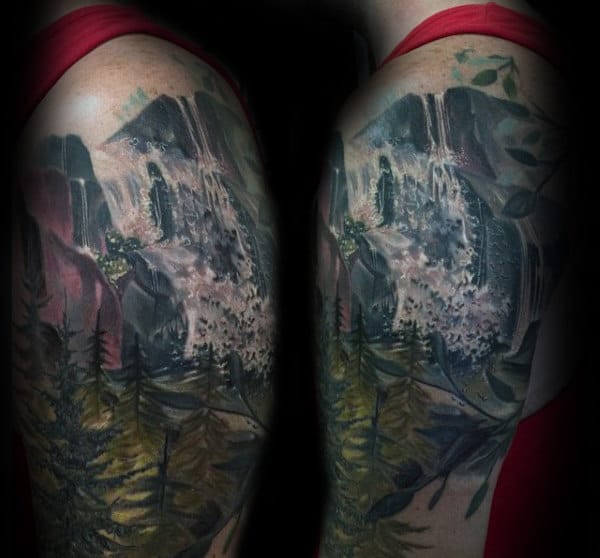 Gentleman With Watercolor Waterfall Tattoo On Upper Arm