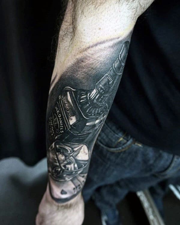 Gentlemen With 3d Jack Daniels Outer Forearm Tattoo