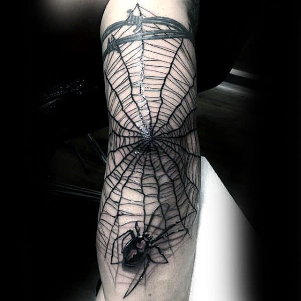 Gentlemens Spider Web Elbow Tattoo With Black Ink