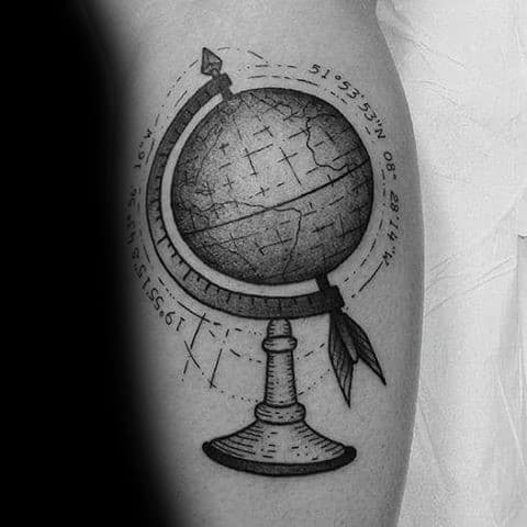 Geo Coordinates Guys Globe Leg Calf Tattoos