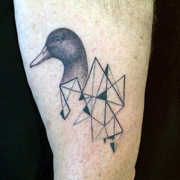 Geomentric Black Linework With Shaded Duck Tattoo For Guys