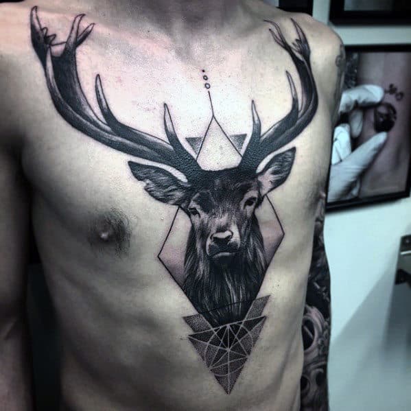 Geometic Deer Head Mens Badass Chest Tattoo