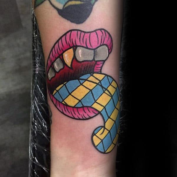 Geometical Tounge Pop Art Guys Lips Tattoo On Forearm