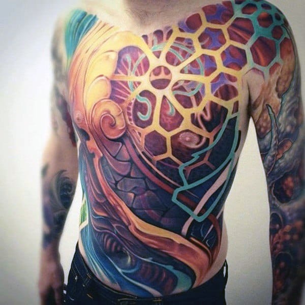 Geometric 3d Colorful Full Chest Coolest Tattoos For Men