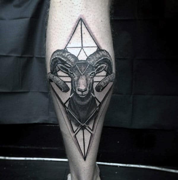 Geometric 3d Ram Back Of Leg Calf Mens Tattoos