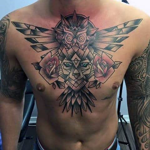 Geometric Abstract Owl Lion And Rose Chest Tattoos For Guys