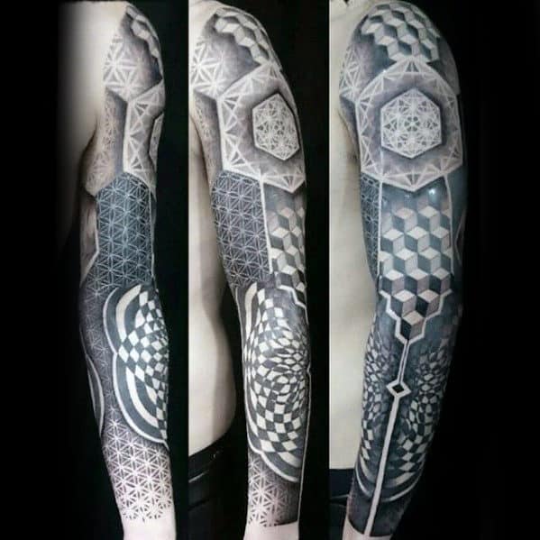 Geometric Arm Guys 3d Sleeve Pattern Tattoo Design Ideas