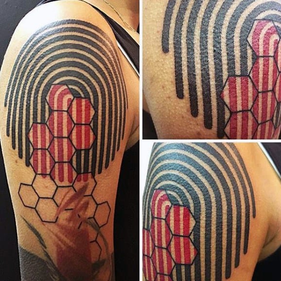 Geometric Arm Red And Black Guys Tattoo Ideas
