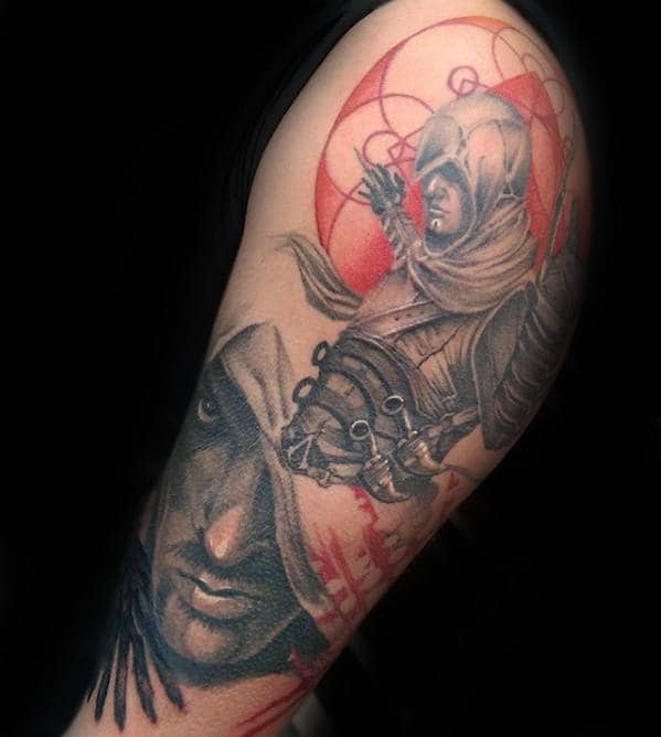 Geometric Assassins Creed Guys Unique Arm Tattoos