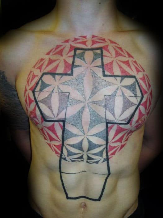 Geometric Badass 3d Flower Of Life Mens Cross Chest Tattoo