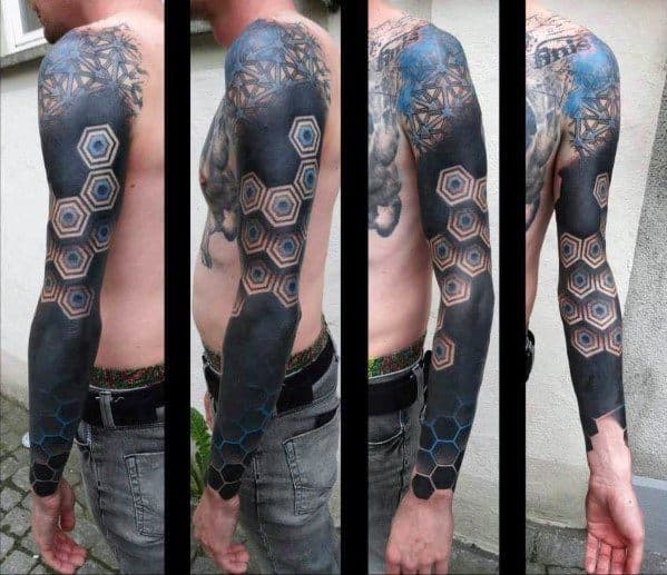 Geometric Blackwork Blue And Black Ink Mens Tattoo Cover Up Sleeve