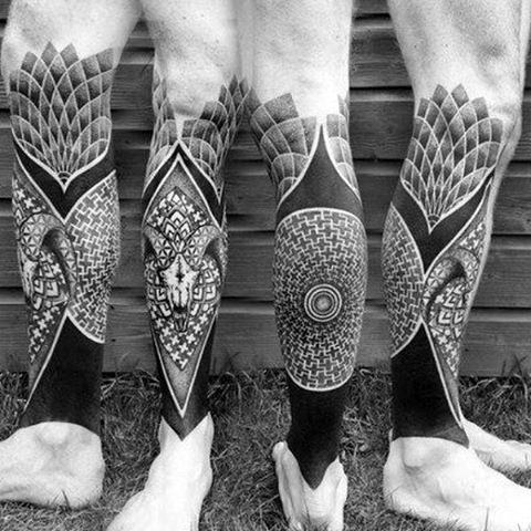 Geometric Blackwork Shin Pattern Tattoos For Men