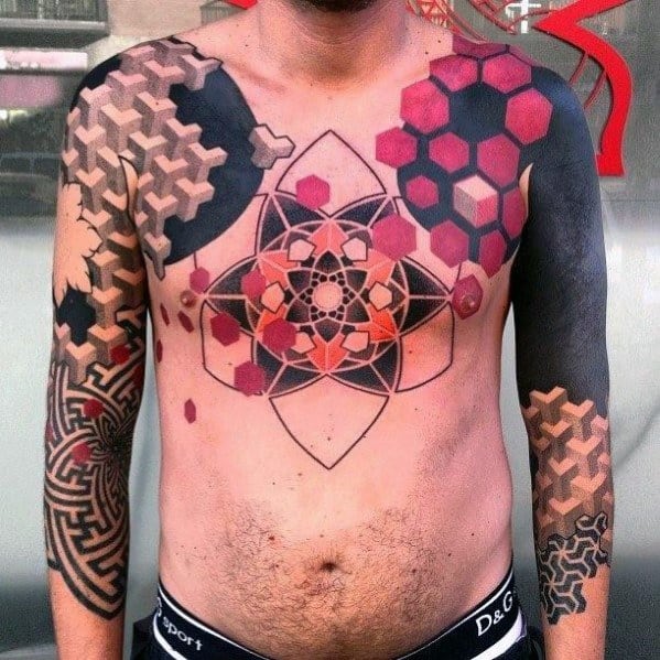 Geometric Chest Incredible Red And Black Tattoos For Men