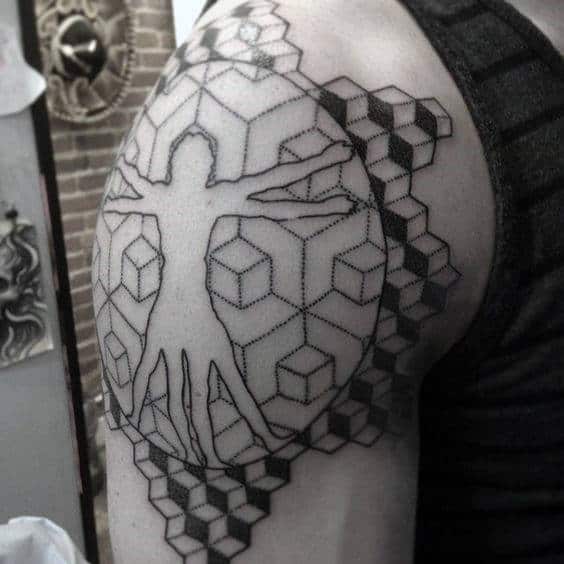 Geometric Cube Vitruvian Man Guys Arm Tattoos