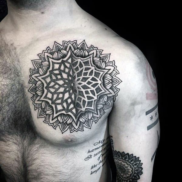 Geometric Flower Upper Chest Male Tattoo Designs