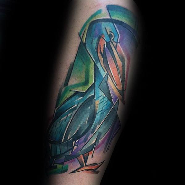 Geometric Forearm Colorful Male Pelican Tattoo Design Inspiration