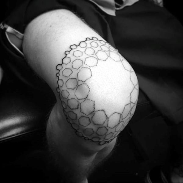 Geometric Gear Mens Dotwork Knee Tattoo Design Inspiration