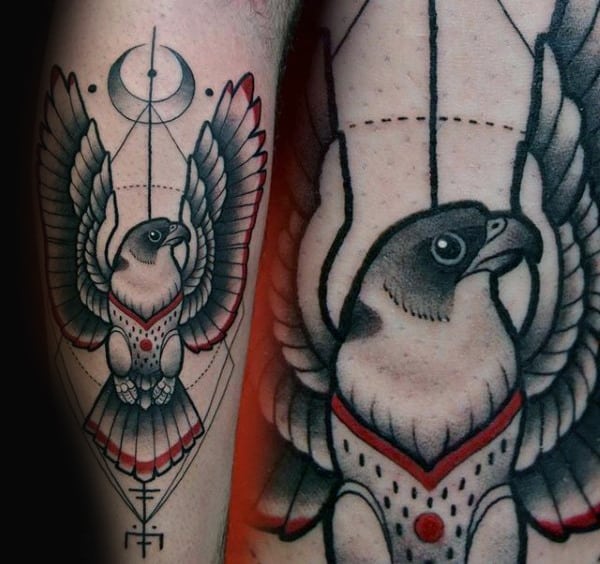 Geometric Guys Falcon Red And Black Ink Leg Tattoo