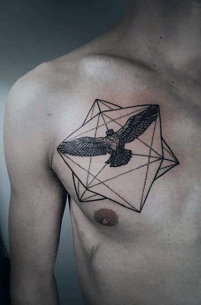 Geometric Hawk Chest Tattoo For Males