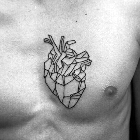 Geometric Heart Simple Line Mens Chest Tattoo