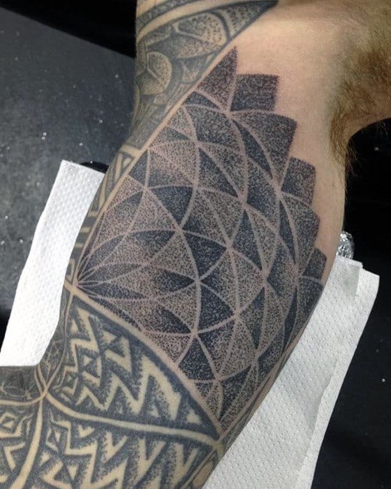 Geometric Inner Arm Bicep Male Tattoo Ideas With Dotwork Design