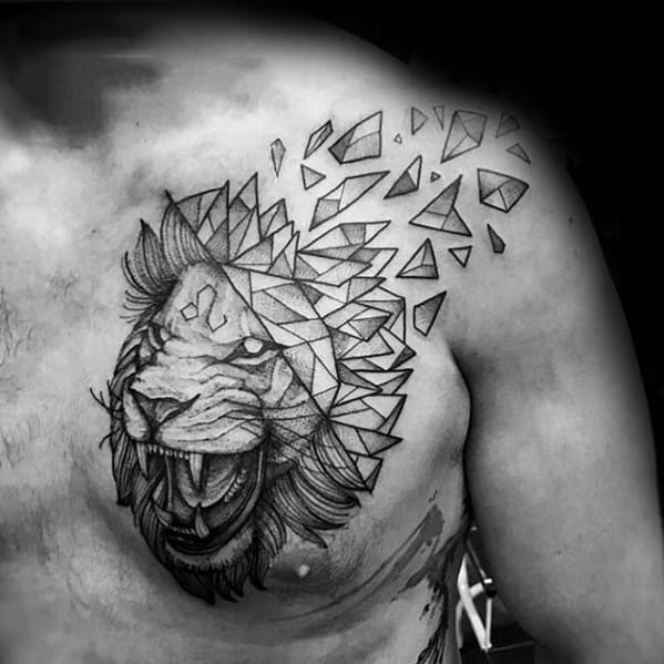 Geometric Lion Guys Shoulder Tattoo With Broken Design