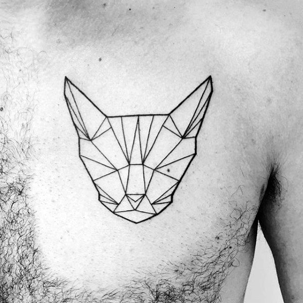 Geometric Outline Upper Chest Guys Cat Tattoo Design Ideas