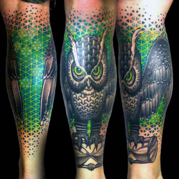Geometric Owl Green And Black Mens Leg Tattoo