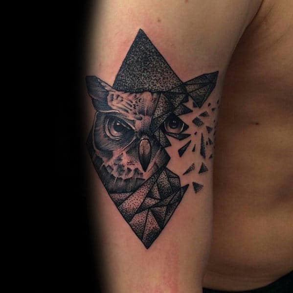 Geometric Owl With Shattered Design Mens Outer Arm Tattoo