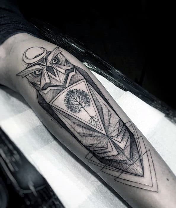 Geometric Owl With Tree Design Guys Leg Tattoos