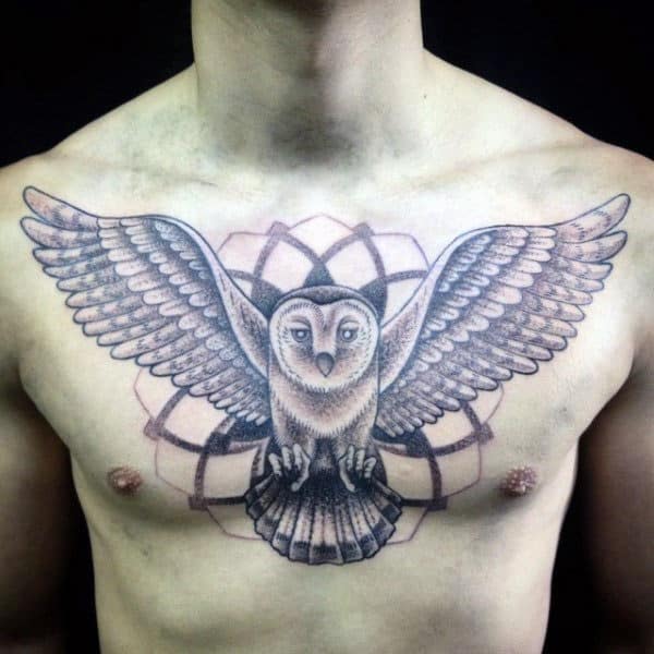 Geometric Pattern Male Flying Barn Owl Chest Tattoo