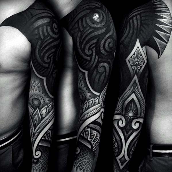 Geometric Pattern Mens All Black Sleeve Tattoo Designs
