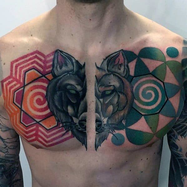Geometric Pattern Shapes Upper Chest Sick Wolf Tattoo Ideas On Guys