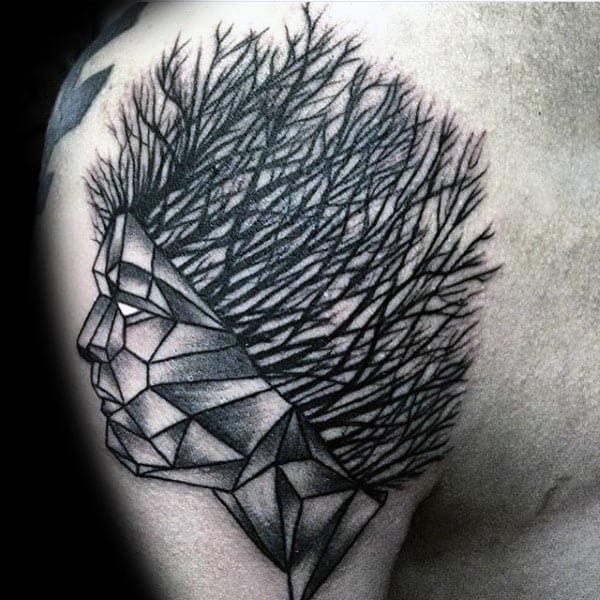 Geometric Portrait With Tree Of Life Hair Mens Shoulder Tattoos
