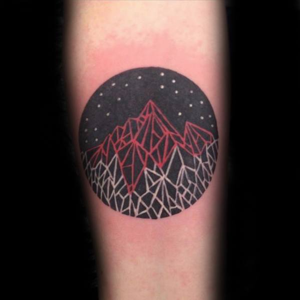 Geometric Red White And Black Ink Mens Tattoo Ideas With Volcano Design